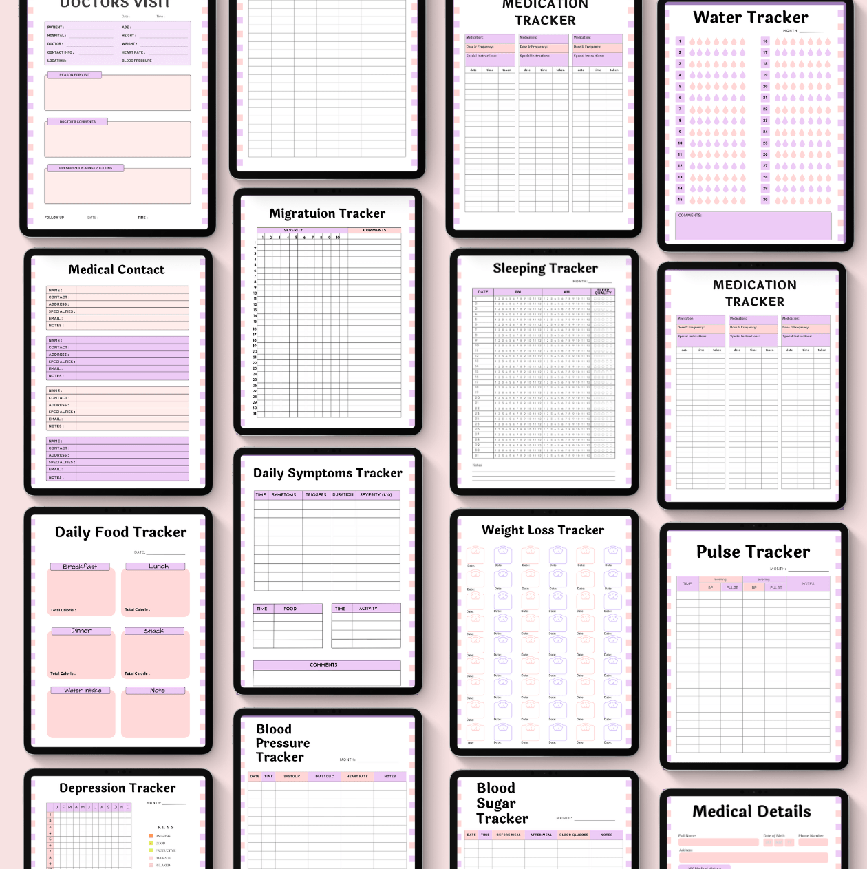Collection of health and fitness tracking sheets on a light background